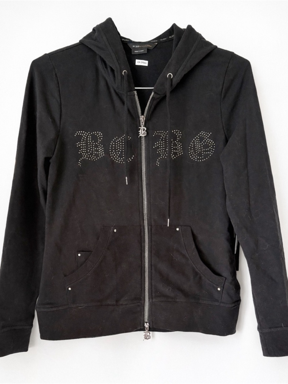 NWT BCBGMaxAzria Y2K Black Rhinestones Logo Double Zip Hoodie Size Medium
